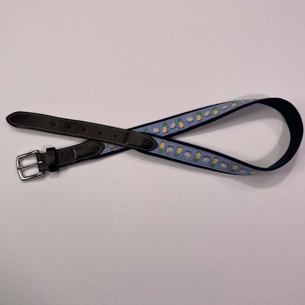 Vineyard Vines Belt Pineapple Coconut Canvas Leather Club Size 34 Blue Brown